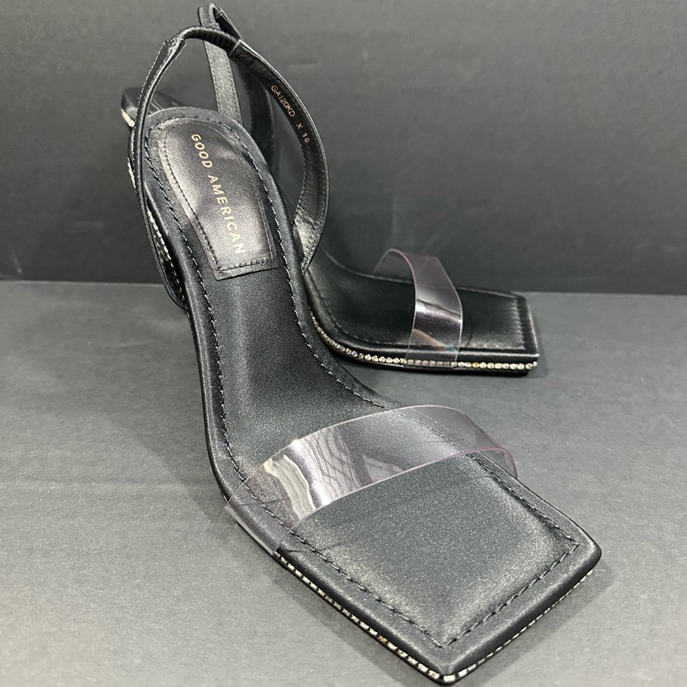 Good American Crystal Crush Sling Heels Sandal Black Rhinestone 4” GA120KD-X